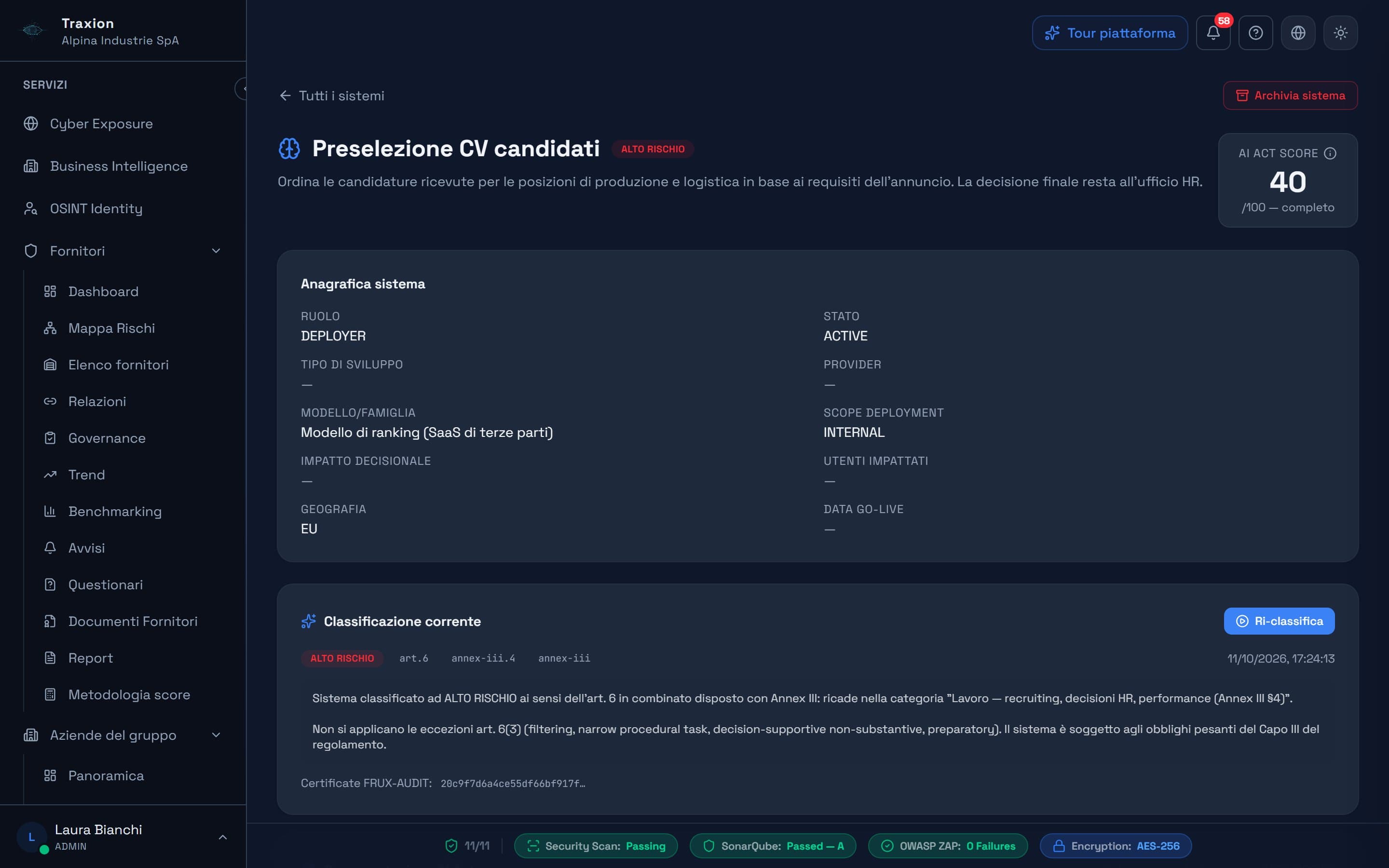 Scheda di un sistema AI classificato ad alto rischio, con anagrafica, motivazione e certificato FRUX-AUDIT