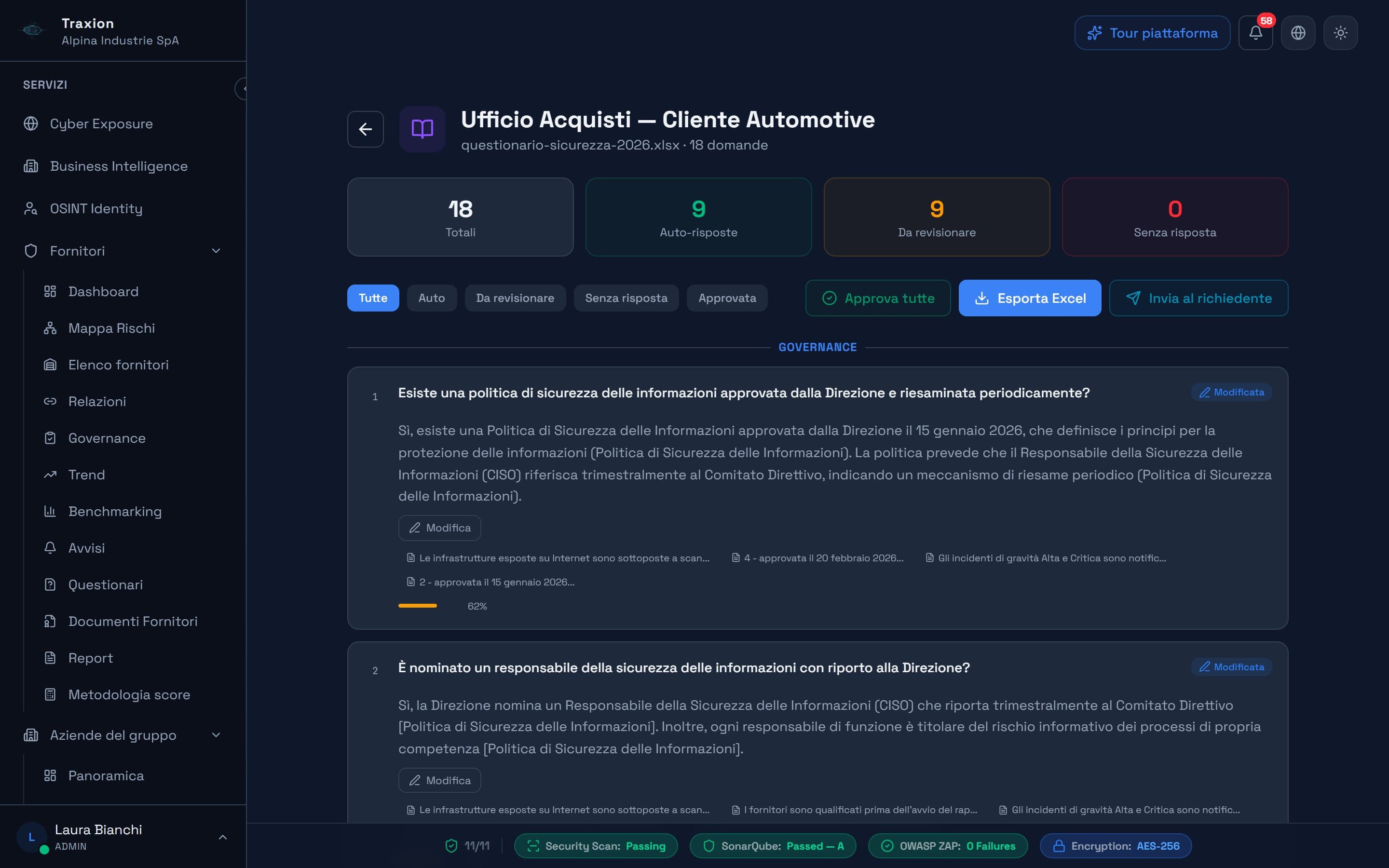 Questionario di sicurezza importato e compilato automaticamente, con risposte e documenti citati